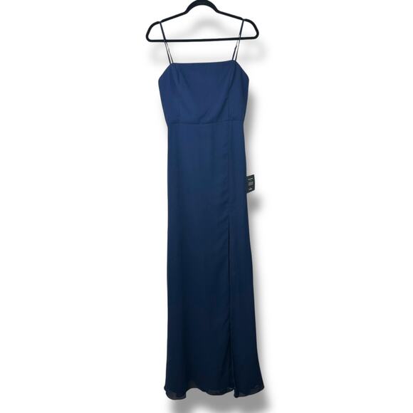 Lulus NWT Feeling Elegant Navy Blue Lace-Up Slit Chiffon Maxi Dress Medium - Picture 3 of 11